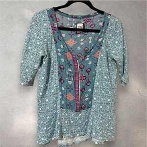 Anthropologie AKEMI + KIN Teal Inkatha Mixed Print Top Shirt Blouse Sz Medium
